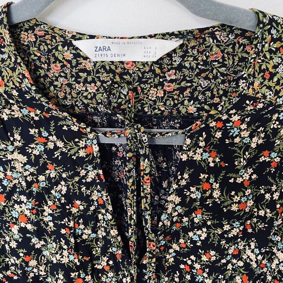 Zara Peasant Boho Black Multi Floral Tiered Ruffle Mini Sundress Tie Front Small - Picture 7 of 12